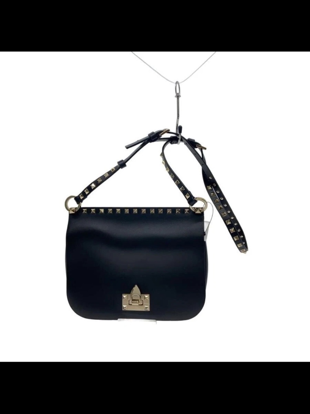 Valentino Garavani Black Leather Studded Shoulder Bag with Gold Hardware